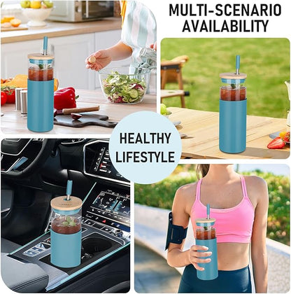 Glass Tumbler w/Lids & Straw: 24 oz Reusable Glass Cup w/Bamboo Lid, Stainless Steel Straws, BPA-Free, Leak-Proof, Dishwasher Safe for Coffee/Smoothies/Hot Beverage, Travel/Office/Home Use, 2-Pk