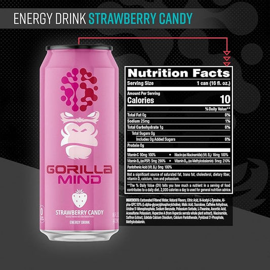 Gorilla Mind Energy Drink | Unmatched Energy · Amplified Focus | N-Acetyl-L-Tyrosine, Alpha-GPC, 200mg Caffeine, Uridine, Saffron | 0 Sugar Or Artificial Colors | 16oz, 12-Pack (Strawberry Candy)