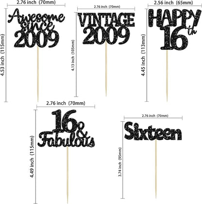 Gyufise 30Pcs Vintage 2009 Cupcake Toppers Glitter Sweet 16 Happy 16th Birthday Cake Decorations for Happy 16th Birthday Fabulous Anniversary Party Supplies Black