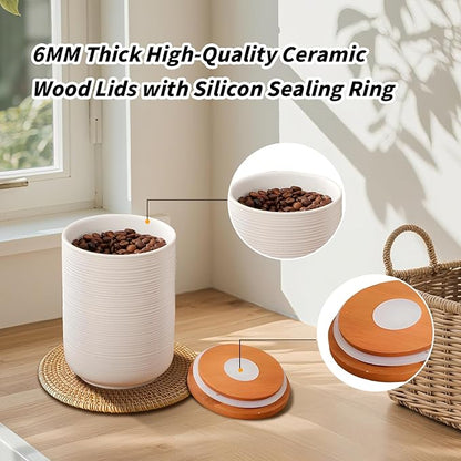 Food Storage Jar Strong Ceramic Storage Canisters with Airtight Wooden Lid,Kitchen Storage Containers for Serving Coffee Beans, Tea, Sugar, Salt, Spices (Medium white)