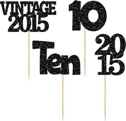 Gyufise 24Pcs 10th Birthday Cupcake Toppers Glitter Ten Vintage 2015 Double Digits 10 Cupcake Picks Hello 10 Years Birthday Cake Decorations for Happy 10th Anniversary Party Supplies Black