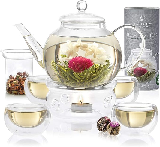 Teabloom Complete Tea Set – Glass Teapot (40 oz), Loose Tea Glass Infuser, 4 Insulated Glass Teacups, Tea Warmer, and 12 Flowering Teas – Elegant Blooming Tea Gift Set
