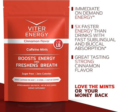 Viter Energy 40mg Caffeine Mints - Sugar Free, B Vitamins, Vegan, Boosts Fast Energized Alert Focus, Caffeinated Nootropic Supplement Pills (Cinnamon Flavor, 8oz, Bulk Bag)