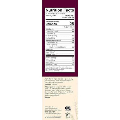 Teeccino Almond Amaretto Chicory Coffee Alternative - 11 Ounce - Ground Herbal Coffee That’s Prebiotic, Caffeine Free & Acid Free, Medium Roast