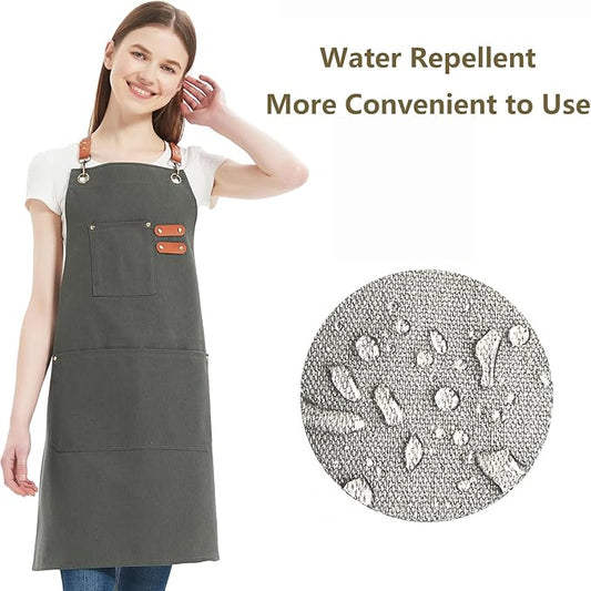 AFUN Chef Aprons for Women Men with Large Pockets, Cotton Canvas Cross Back Water Repellent Work Apron, Size M to XXL (Grey)