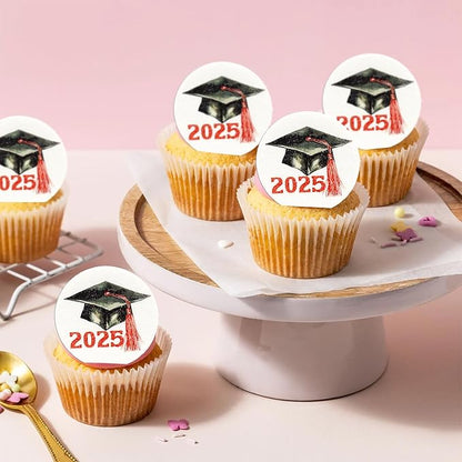 Gyufise 48Pcs Edible 2025 Graduation Cap Cupcake Toppers Wafer Paper Class of 2025 Grad Cap Cupcake Picks for 2025 Graduation Theme Party Cake Decorations Supplies Red