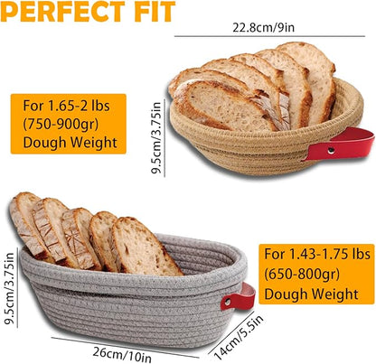 Handmade Cotton Rope Banneton Bread Proofing Basket Set,Oval & Round Bread Baskets - With Liner & Cloth Cover，for Home Sourdough Bakers Baking