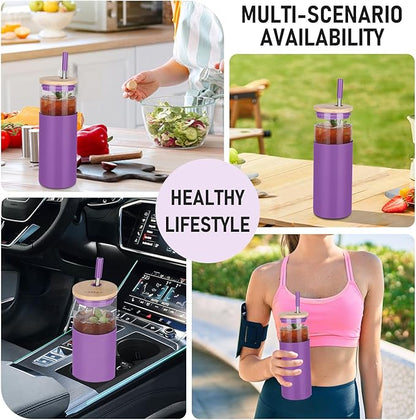 1Pack Glass Tumbler/Lid & Straw - 24oz Reusable Glass Mug w/Bamboo Lid & Stainless Steel Straw-BPA-Free Leak-Proof, Dishwasher Safe for Coffee, Smoothies, Hot Beverage, Travel, Office, Home Use