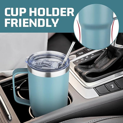 20 oz Tumbler with Handle Stainless Steel Insulated Coffee Mug Tumbler with Lid and Straw Double Wall Vacuum Insulated Coffee Mug Leak Proof Travel Tumbler for Hot and Cold Drink(Azure Blue,4pack)