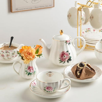 Porcelain Tea Sets British Royal Series, 8 OZ Cups & Saucer Service for 6, with Teapot Sugar Bowl Cream Pitcher Teaspoons and Tea Strainer, Suitable for High Tea, Wedding, Party (Midsummer Rose)