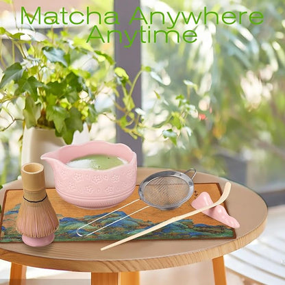 Matcha Whisk Set, Japanese Ceramic Matcha Bowl with Spout, Bamboo Whisk, Sifter, Scoop, Holder, Tea Cloth, 7-Piece Ceremonial Matcha Kit, Gift for Tea Lovers (pink)