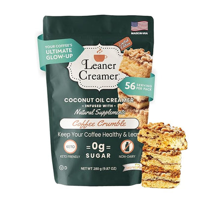 Leaner Creamer Coconut Creamer with Superfood Ingredients – Non-Dairy, Sugar-Free, Keto, Gluten-Free Powdered Coffee Creamer – Coffee Crumble – 280g