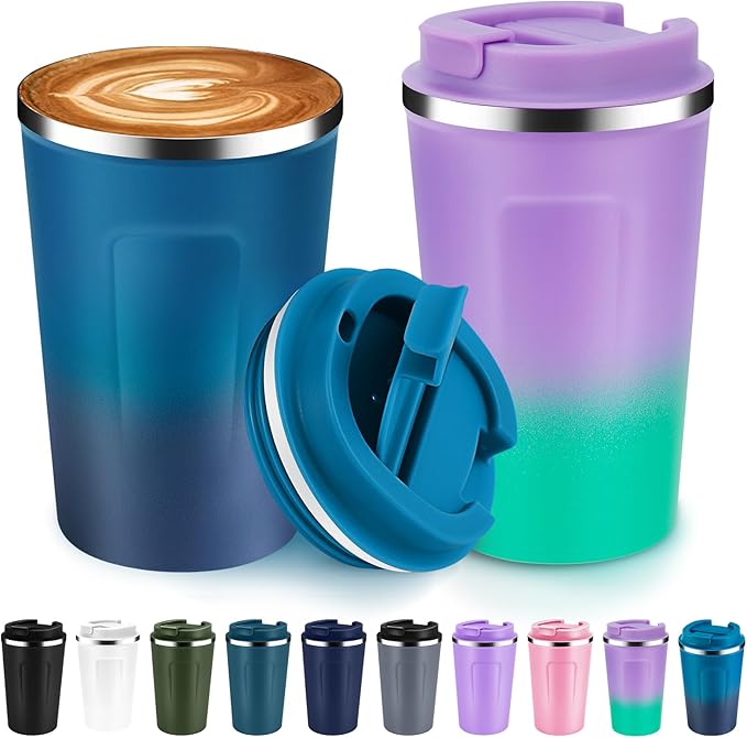 Volhoply 12 oz Double Wall Insulated Vacuum Travel Coffee Mugs with Flip Lid Bulk 2 Pack,Reusable Stainless Steel Leak Proof Coffee Cup,Portable Cafe Thermal Tumbler for Hot & Cold Drinks(Mix,2 Set)