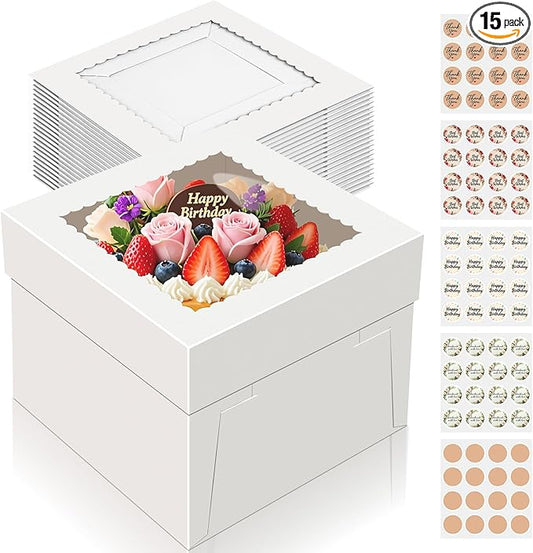 15 PCS Cake Boxes 10 Inch, 10x10x10 Tall Cake Box, 10 Inch Cake Box with Window, White Bakery Boxes, Large Baking Boxes, Cajas Para Pasteles, 10x10 Cake Boxes for Birthday, Wedding, Party, Business