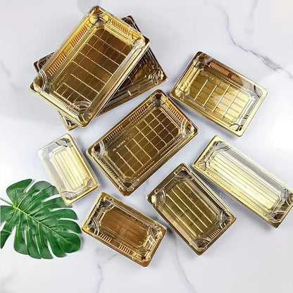 10 Pack Gold Rectangular Sushi Containers with Clear Lids – Disposable Plastic Food Boxes for Party, Takeout & Catering – Elegant, Stackable Trays for Sushi, Snacks & Desserts(Model No.1101)