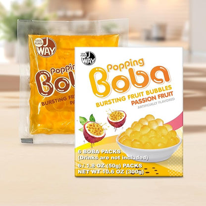 J WAY Bursting Popping Passion Fruit Boba Pearls, Passion Fruit Syrup, Non-Dairy, Fat-Free Popping Tapioca Boba for Beverages, Sweets, Ice Cream, 1.8oz (Pack of 6)