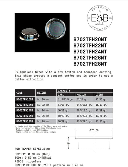E&B Lab NT (NanoTech) Double Espresso Portafilter Basket 58mm Ridgeless (22) Silver