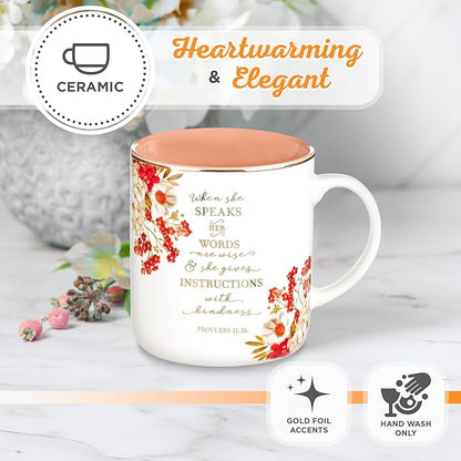 Christian Art Gifts Floral Ceramic Coffee Mug with Gold Rim – 14 oz. Lead & Cadmium-free, Non-toxic Inspirational Scripture Coffee & Tea Mug for Women with Bible Verse: When She Speaks –Proverbs 31:26