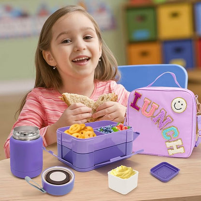 Preppy Lunch Box for Girls with 10oz Thermo, with 6 Compartment Bento Box, Purple Nylon Insulated Lunch Bag Adjustable Strap for Girl Kids Teens School Travel Picnic
