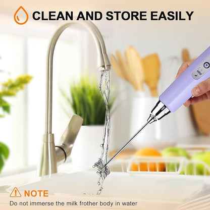 YUSWKO Light Purple Handheld Milk Frother Wand for Coffee, Rechargeable Electric Whisk with 3 Heads 3 Speeds Drink Mixer Coffee Frother For Latte, Cappuccino, Hot Chocolate, Egg