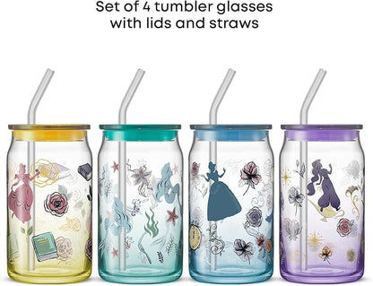 JoyJolt Disney Princess Icon Glass Tumblers with Lids and Straws, 16oz Glass Cups with Lids and Straws ft Princess Jasmine Ariel Cinderella Belle, 4pc Can Shaped Drinking Glasses, Iced Coffee Cups