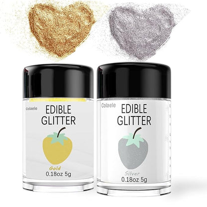 Gold Silver Edible Glitter Glimmer Powder for Cakes Drinks - Colaele 5 grams Food Grade Luster Dust Metallic Food Decorating Sprinkle Disco Brew Dust for Cake Decorations Wine Beverage Dessert, Vegan