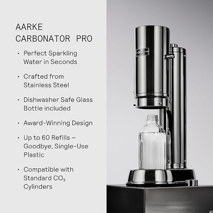 Aarke Carbonator Pro, Sparkling & Carbonation Water Machine, Stainless Steel with Glass Reusable Bottle Volume 800 mL/27 fl oz (Stainless Steel)