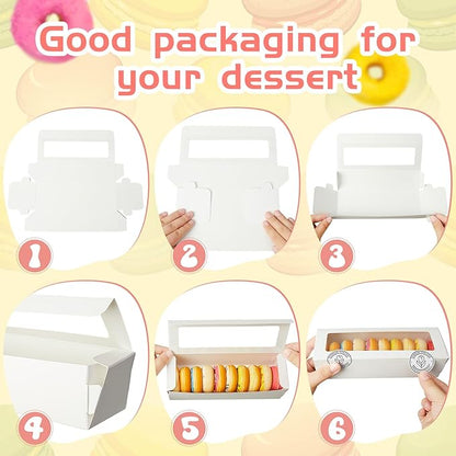 Sherr 50 Pcs White Macaron Boxes with Window, Cookies Boxes with 200 Pcs Stickers Long Bakery & Dessert Gifts Containers for Donuts, Pastry, Chocolate Covered Strawberry