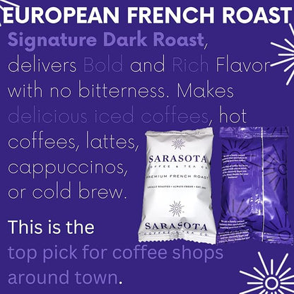 Sarasota Coffee Ground Packets | Low Acid Dark Roast Ground Coffee Packs | European French Roast | Mold Free Coffee Singles Packets | Ground Coffee Pouches | Individual Coffee Packets for 12 Cup Coffee Maker | 2.5 Ounce Bags, 36 Count