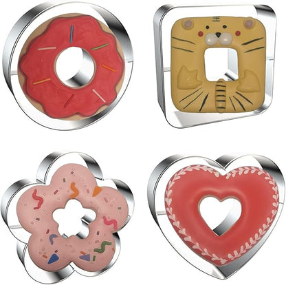 Large Size Donut Design Cookie Cutters Set of 4 pcs, Stainless Steel 4 Shapes Cream-filled Doughnut Fondant Cutter Molds Baking DIY (Round + Square + Heart + Flower)