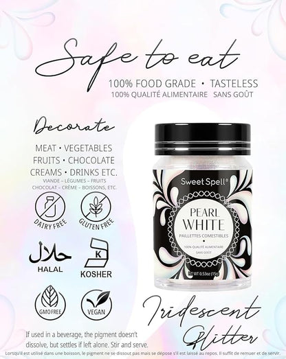 Sweet Spell Edible Glitter (15g) - Shimmer Sparkles for Drinks, Cakes, Cocktails - 100% Edible & Food Grade Glitter, Vegan, Gluten-Free (Iridescent Pearl White)