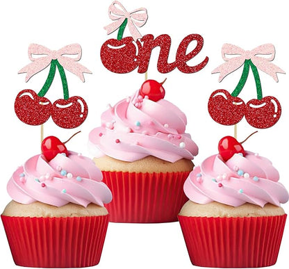 24 Pack Cherry 1st Birthday Cupcake Toppers, Glitter Cherry First Birthday Cake Pick for Fruits Theme One Birthday Party Cake Decorations Supplies (One)