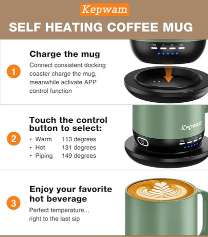 Self Heating Coffee Mug T1-16oz Fast Heating & Ultra Long-Lasting Battery Life, Heated Coffee Mug Up to 149℉ - Touch & App Controlled Coffee Mug, Birthday Gifts for Women and Men