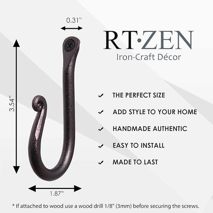 RTZEN Wall Mount Hook Set - Wrought Iron Decorative Rustic Metal Coat Hooks for Hanging - Handcrafted Classic Farmhouse Wall Mounted Black Hooks for Towel Robe or Hat Hanging - 3 Pack