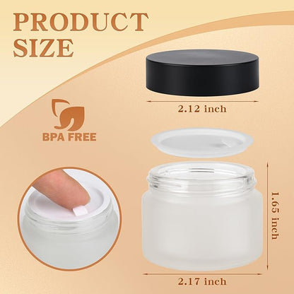 Glass Jars with Lids,Eco-Friendly Cosmetic Containers with Airtight Black Lids & Liners, Multi-Color Options for Cream, Lotion, Body Butter, DIY Skincare Travel Jars (Clear Frosted, 2oz)