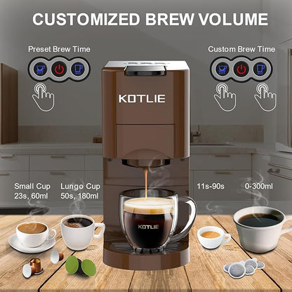 KOTLIE 513K Single Serve Capsule Coffee Machine fits for K-Cup capsule/Nes*p Original/Ground Coffee/44mm ESE,0.8L,Compact Size(Coffee)