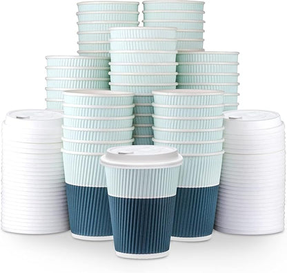 Disposable Coffee Cups With Lids - 12 oz To Go Coffee Cups (80 Set) With Sturdy Lids Prevent Leaks! Paper Hot Cup Holds Shape With Hot, Cold Drinks. Ripple Cups Protect Fingers from Heat!