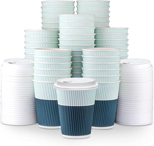 Disposable Coffee Cups With Lids - 12 oz To Go Coffee Cups (80 Set) With Sturdy Lids Prevent Leaks! Paper Hot Cup Holds Shape With Hot, Cold Drinks. Ripple Cups Protect Fingers from Heat!