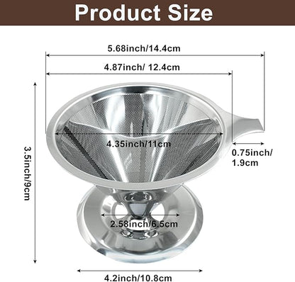 Waziaqoc Pour Over Coffee Dripper, Slow Drip Paperless Coffee Filter, Stainless Steel Pour Over Coffee Maker for 1-4 Cups Brew, Double Mesh Design of Manual Reusable Cone Filter