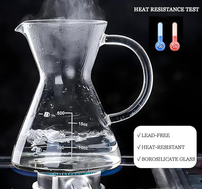 Pour Over Coffee Maker with Reusable Stainless Steel Drip Filter, Glass Drip Coffee Maker Set, Lead-Free Borosilicate Glass Coffee Carafe for 1-4Cup, Clear (500ml/17oz)