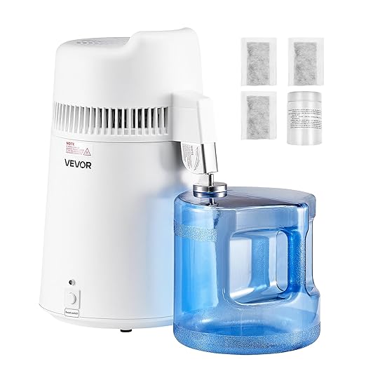 VEVOR Water Distiller, 6L/1.6 Gallon Larger Distilled Machine, 900W Distilling Water Maker, 0-99H Timing Set, Time & Temp Display, 304 Stainless Steel Interior Stiller with Plastic Carafe, White