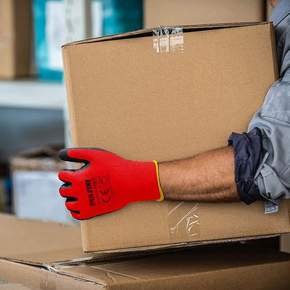 DULFINE Safety Work Gloves PU Coated-12 Pairs,Red Seamless Knit Glove with Polyurethane Coated Smooth Grip on Palm & Fingers, for Men and Women, Ideal for General Duty Work (Extra Large)