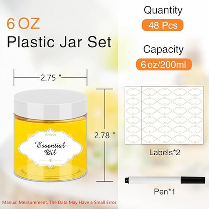 Plastic Jars 6 OZ, 48 Pcs Plastic Jars with Lids Round Wide Mouth Slime Containers with White Lids Empty Small Storage Jar for Travel, Home Kitchen Food, Arts Crafts