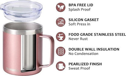 SUNWILL Travel Coffee Mug with Lid, Insulated Tumbler with Handle, 14 oz Stainless Steel Cup Set of 2 for Camping, Outdoor, Cool Grey & Rose Gold 2 Pack