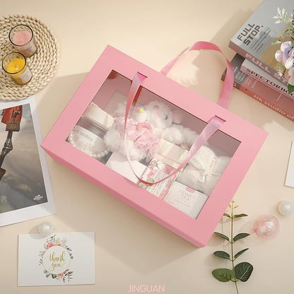 Large Pink Clear Gift Box, 13.5x9x4.1 Inches Gift Box with Window by Handle, Bridesmaid Proposal Box, Collapsible Gift Box with Magnetic Closure (Glossy Pink, 1 Pack)