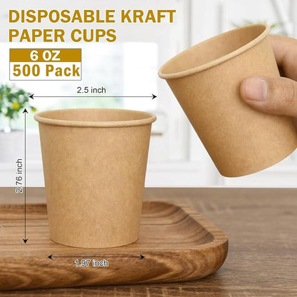 6 oz Kraft Paper Cups - 500 Pcs Disposable Paper Cups Hot Cold Beverage Drinking Cup for Coffee, Water, Tea, Juice, Espresso & Cortado