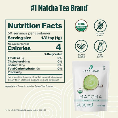 Jade Leaf Matcha Organic Premium Ceremonial Grade Matcha Green Tea Powder - Japanese - Culinary, Ingredient, Ceremonial Barista Teahouse, Latte, Collagen, 1.76 Ounce (Pack of 1), Ceremonial Barista