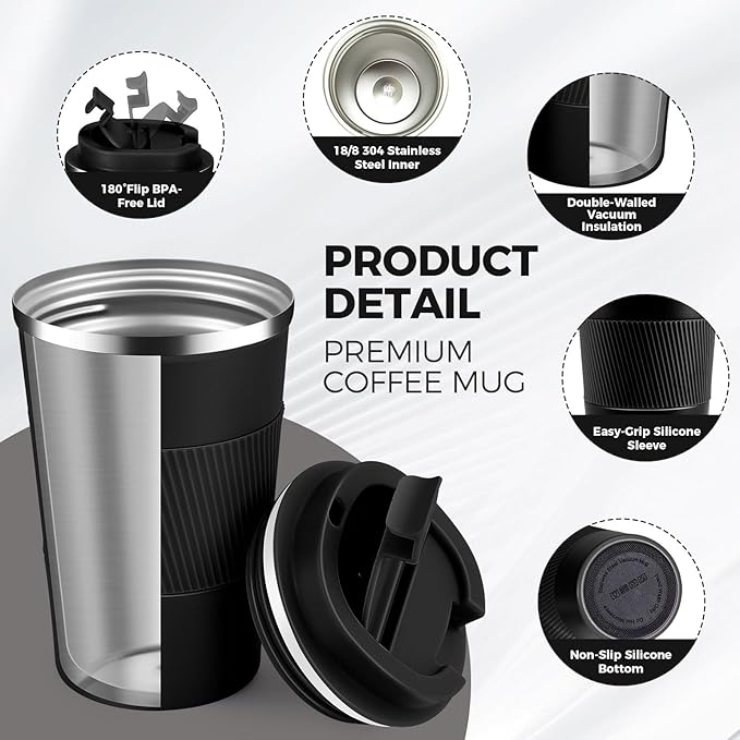 Volhoply 13 oz Stainless Steel Insulated Travel Coffee Mug with Fip Lid Bulk 2 Pack,Reusable Double Wall Vacuum Metal Coffee Cup,Portable Leak Proof Thermal Tumbler for Hot & Cold Drinks(Black,2)