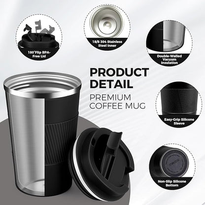 Volhoply 13 oz Stainless Steel Insulated Travel Coffee Mug with Fip Lid Bulk 2 Pack,Reusable Double Wall Vacuum Metal Coffee Cup,Portable Leak Proof Thermal Tumbler for Hot & Cold Drinks(Black,2)