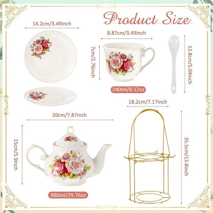 Zhehao 20 Pcs Porcelain Tea Set with Metal Holder and Spoon Adult Ceramic Tea Party Set European Flower Painting Teapot Cup Saucer Spoon for Women, Large Version(Modern Style)